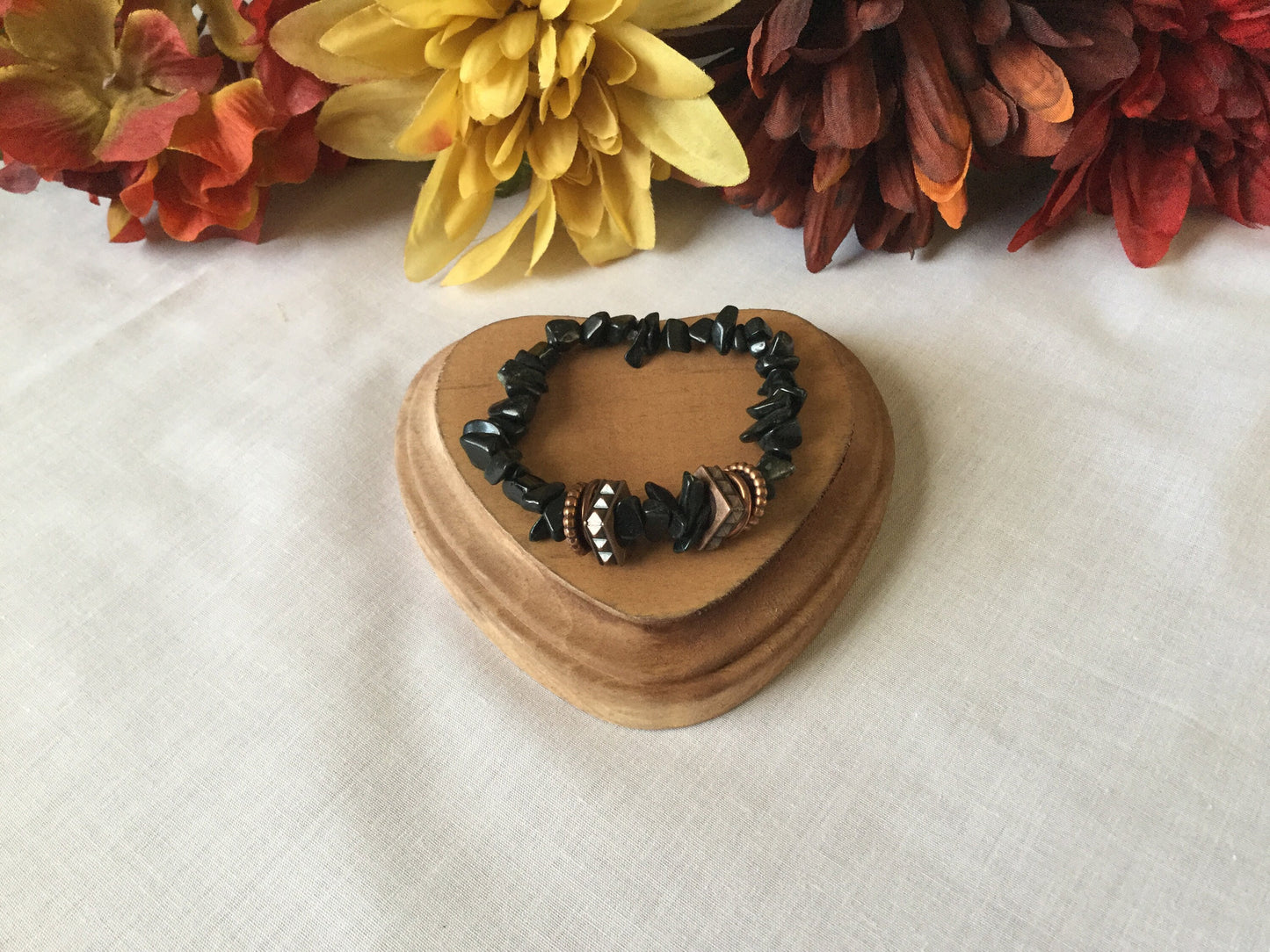 Black Obsidian Chip Stones w/Plated Copper Rings, Healing Bracelet.