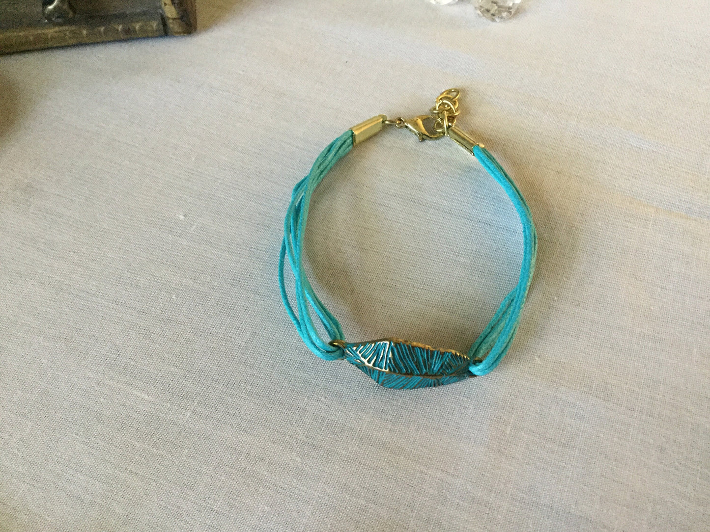 Leaf Turquoise, Turquoise Hemp Metal Inspirational Bracelet.