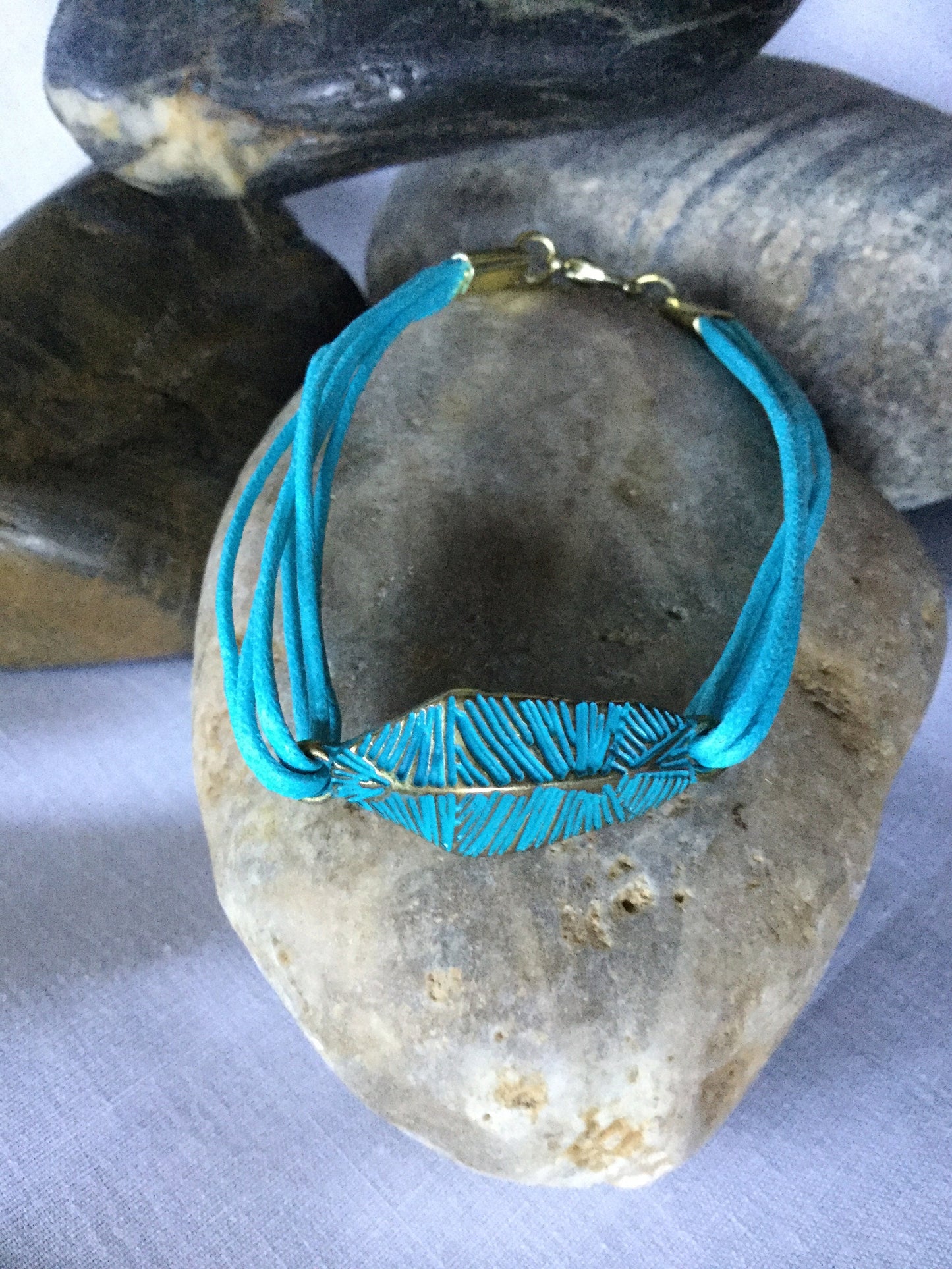 Leaf Turquoise, Turquoise Hemp Metal Inspirational Bracelet.