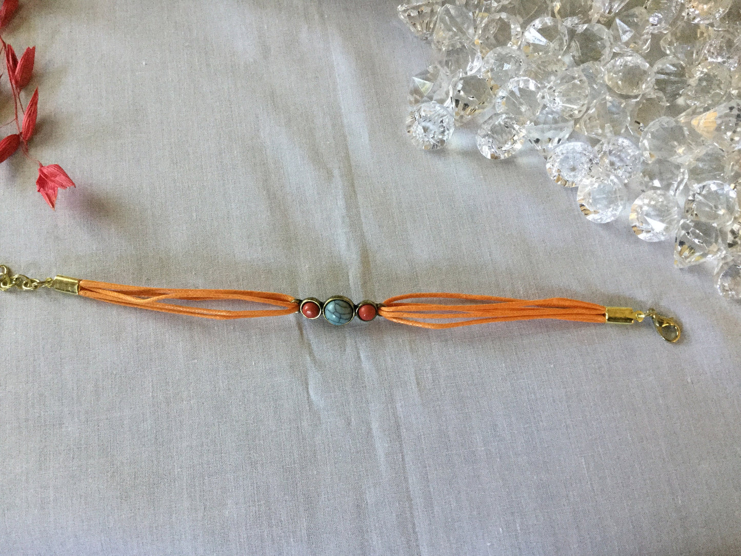 Triple Cabochon, Orange Hemp, Metal Inspirational Quoted Bracelet.