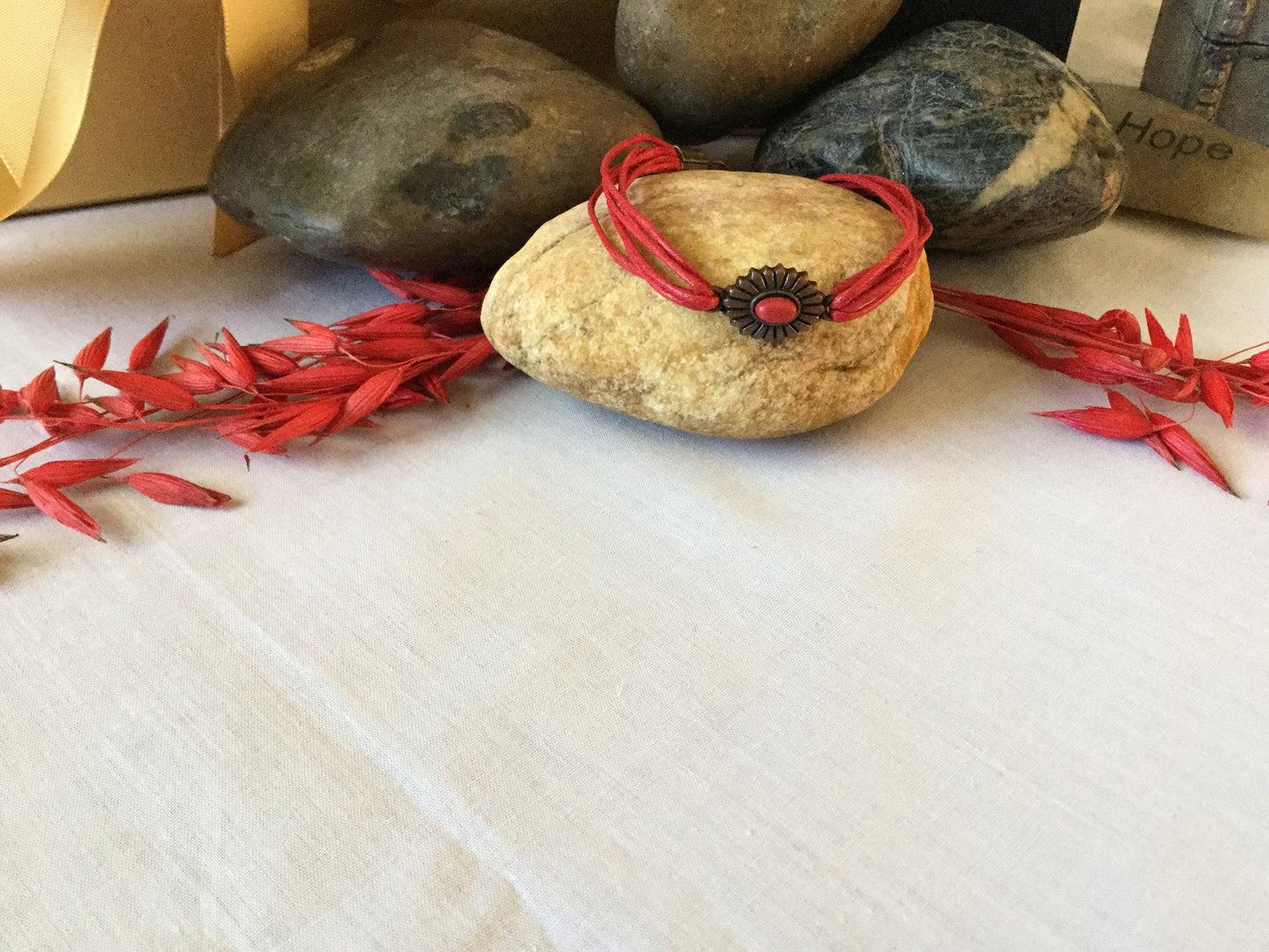 Single Cabochon Red Stone, Red Hemp Inspirational Quoted Bracelet.