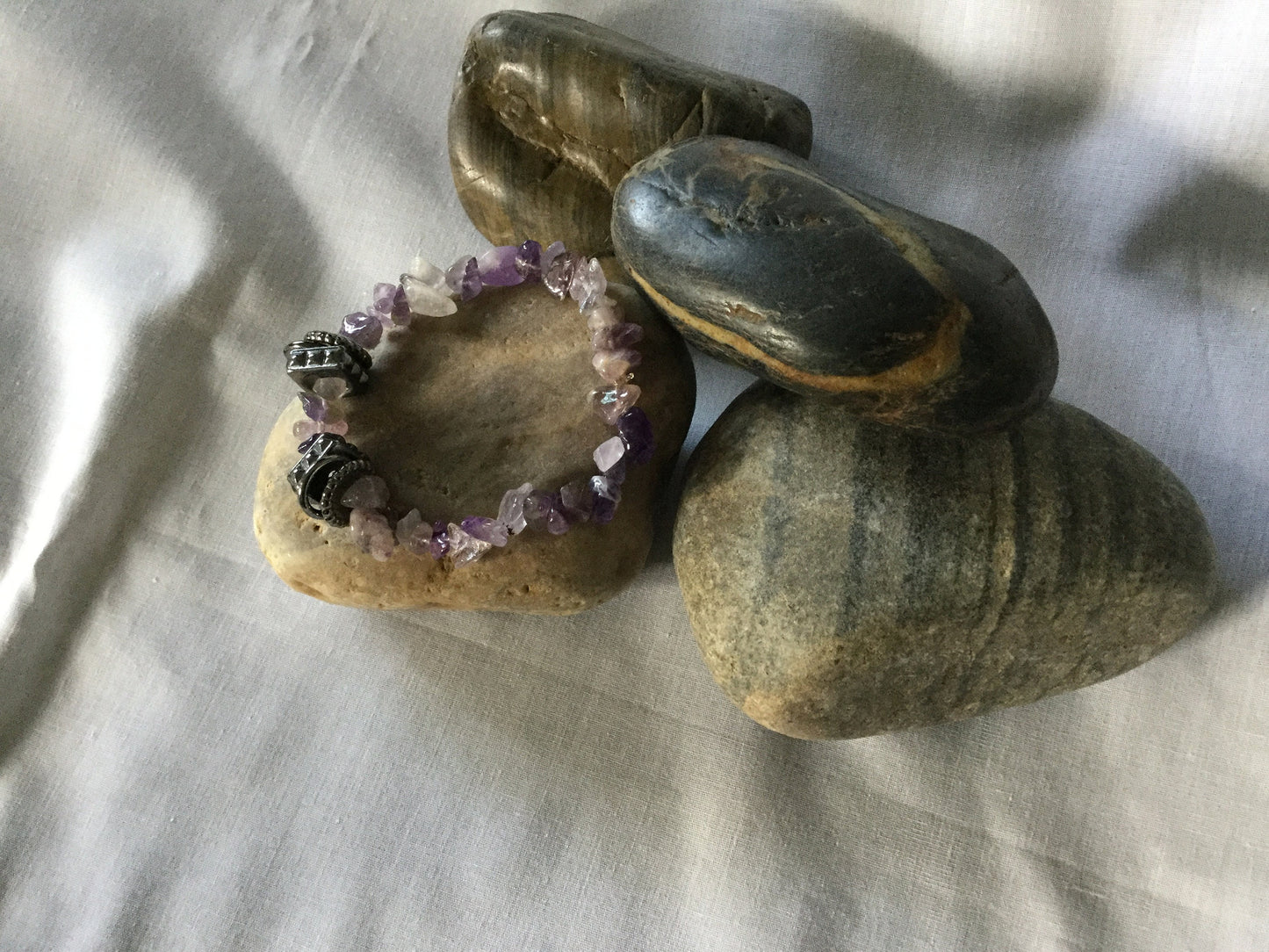 Amethyst Chipped Stones w/Silver Plated Rings, Healing Bracelet.