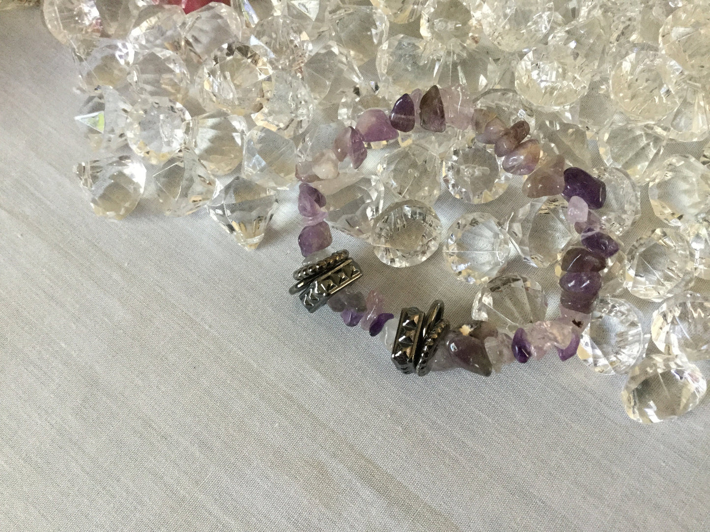 Amethyst Chipped Stones w/Silver Plated Rings, Healing Bracelet.