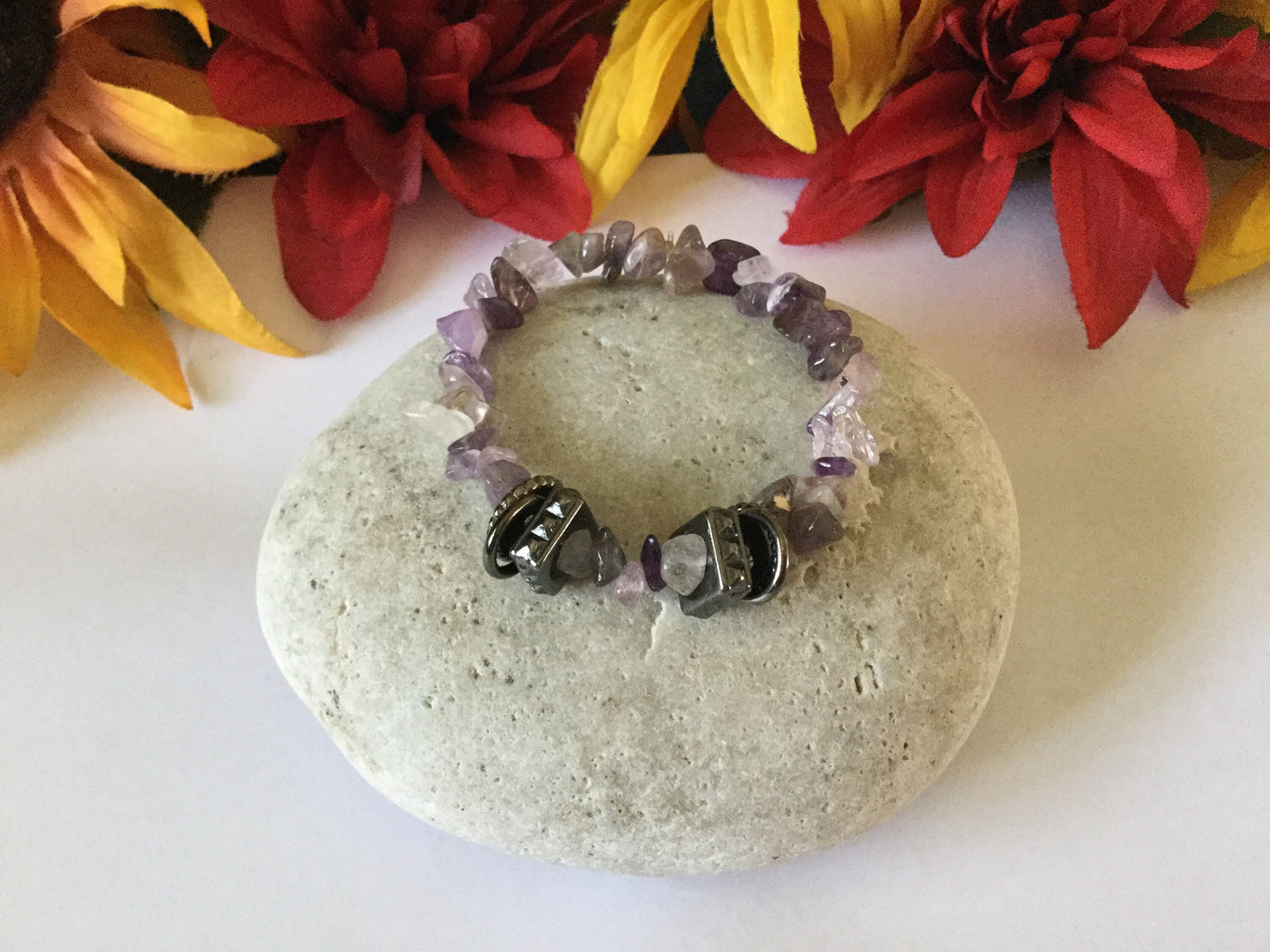 Amethyst Chipped Stones w/Silver Plated Rings, Healing Bracelet.