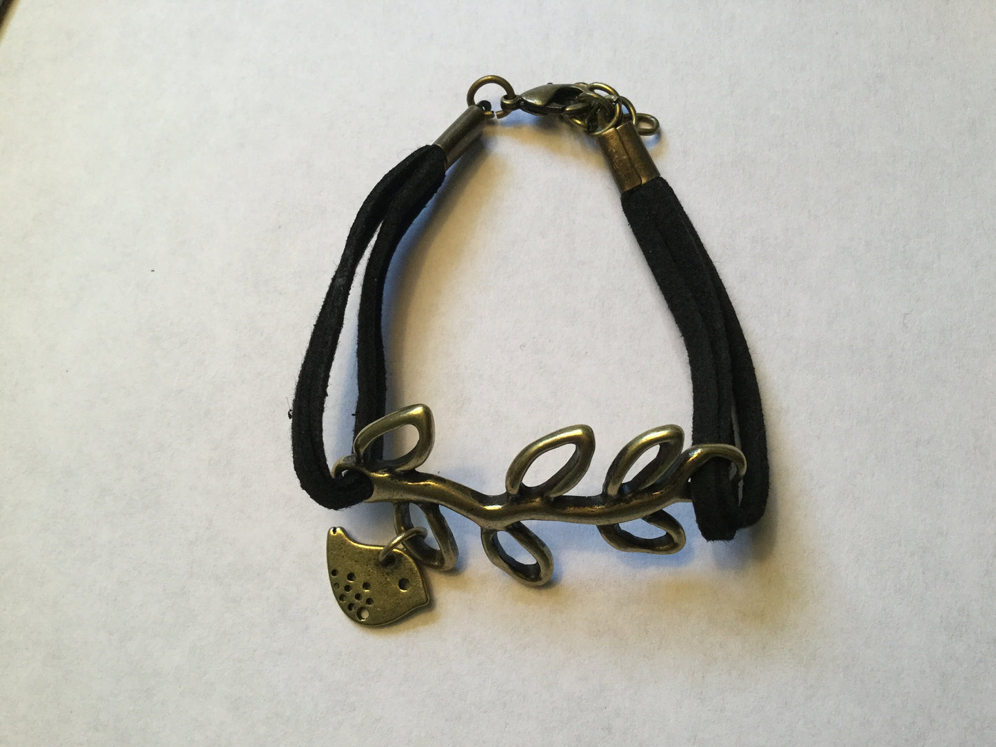 Branch w/ Singing Bird, Black Suede Metal Inspirational  Bracelet.