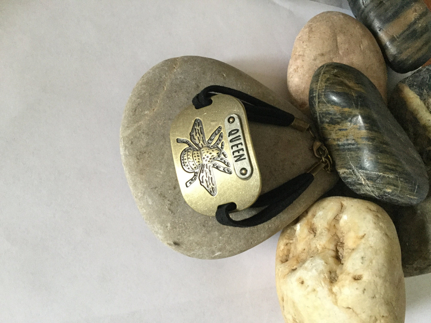 Queen, Black Suede Metal Inspirational Bracelet.