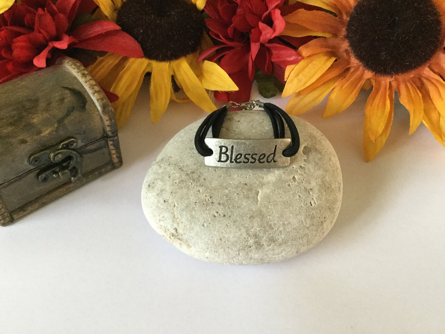 Blessed Bracelet, Black Suede Metal Inspirational Bracelet.