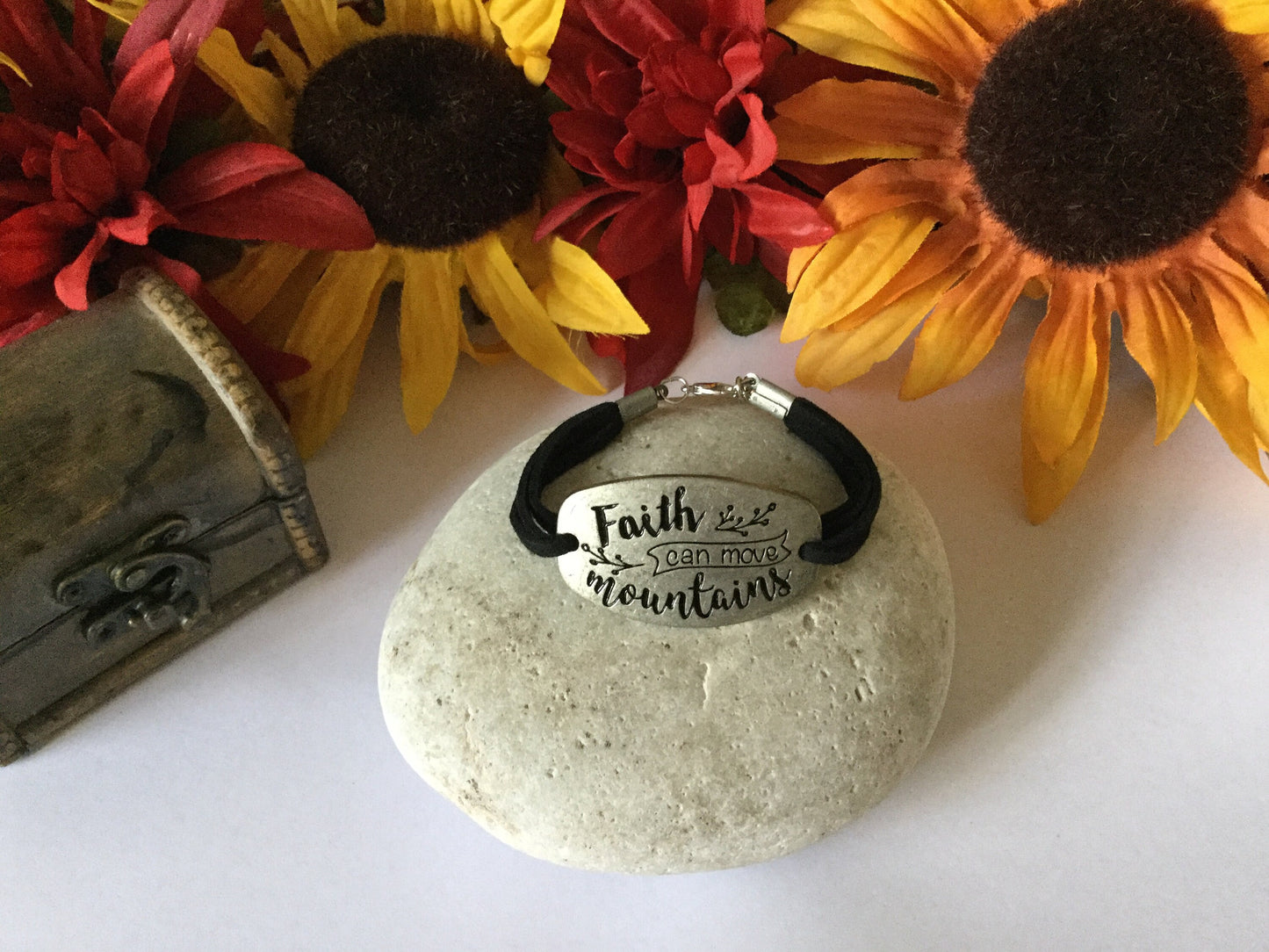 Faith Can Move Mountains, Black Suede Metal Inspirational Bracelet.