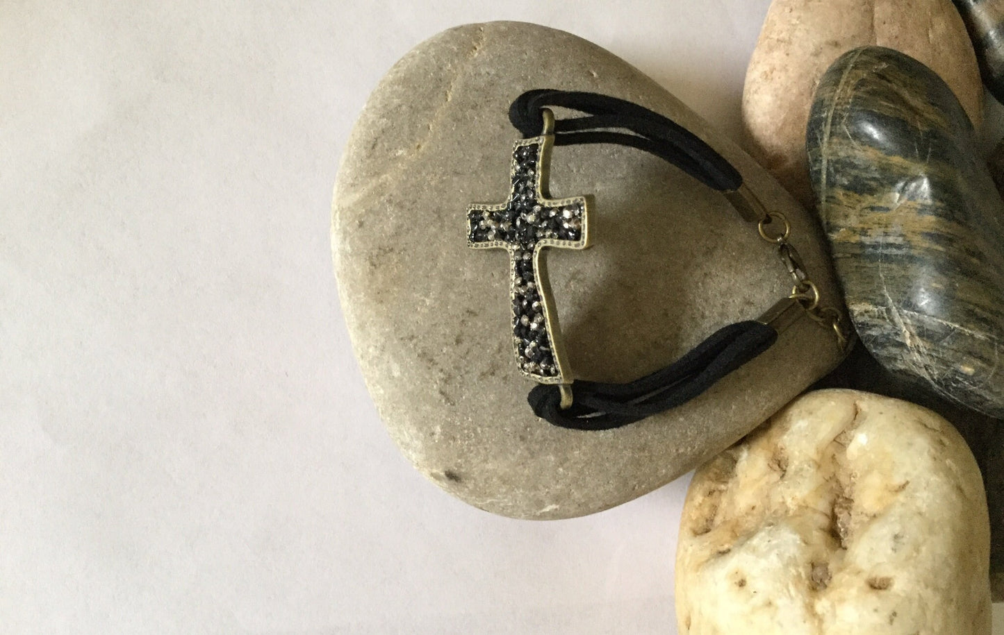 Cross, Black Stones, Black Suede Metal Inspirational Bracelet.