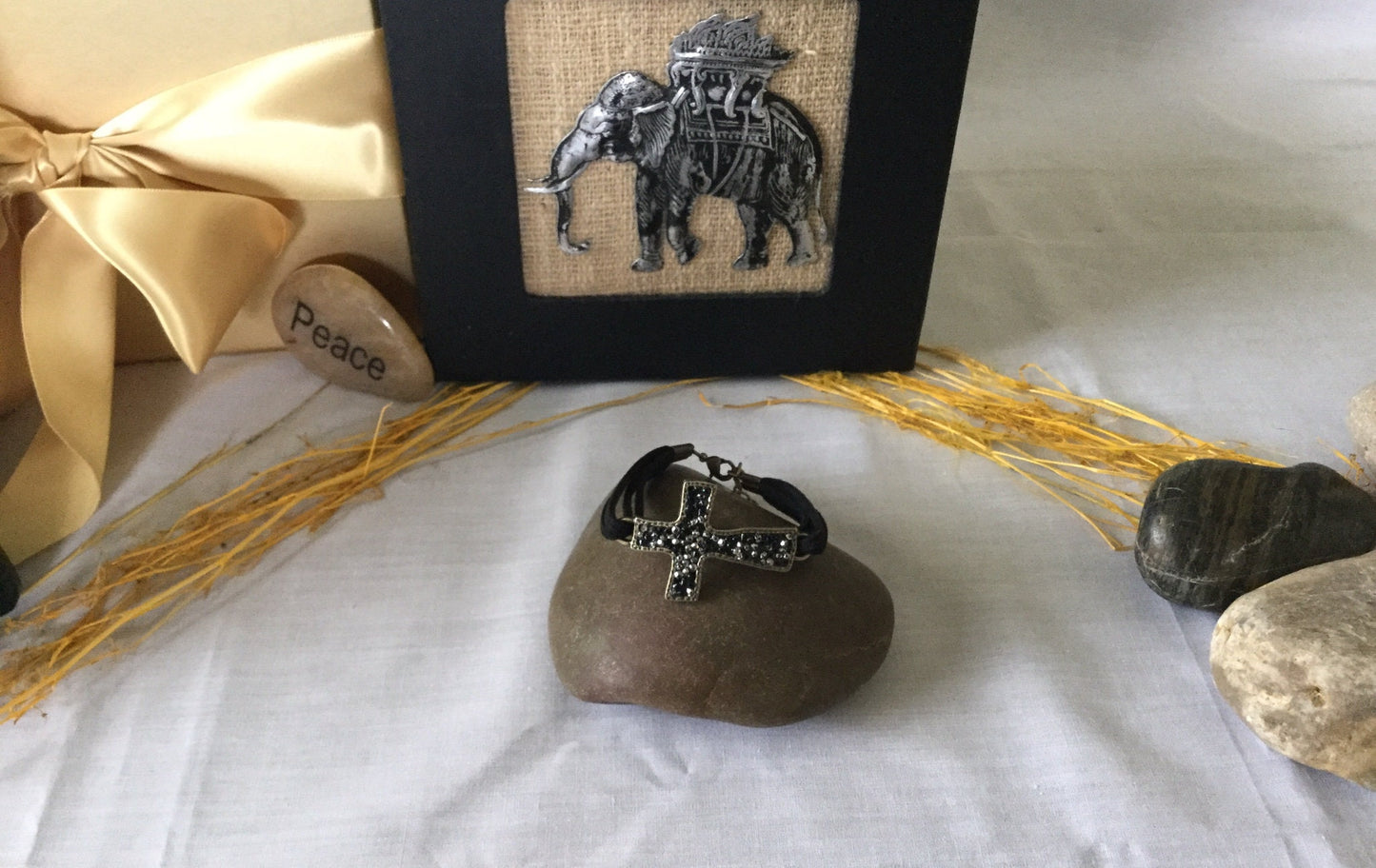 Cross, Black Stones, Black Suede Metal Inspirational Bracelet.