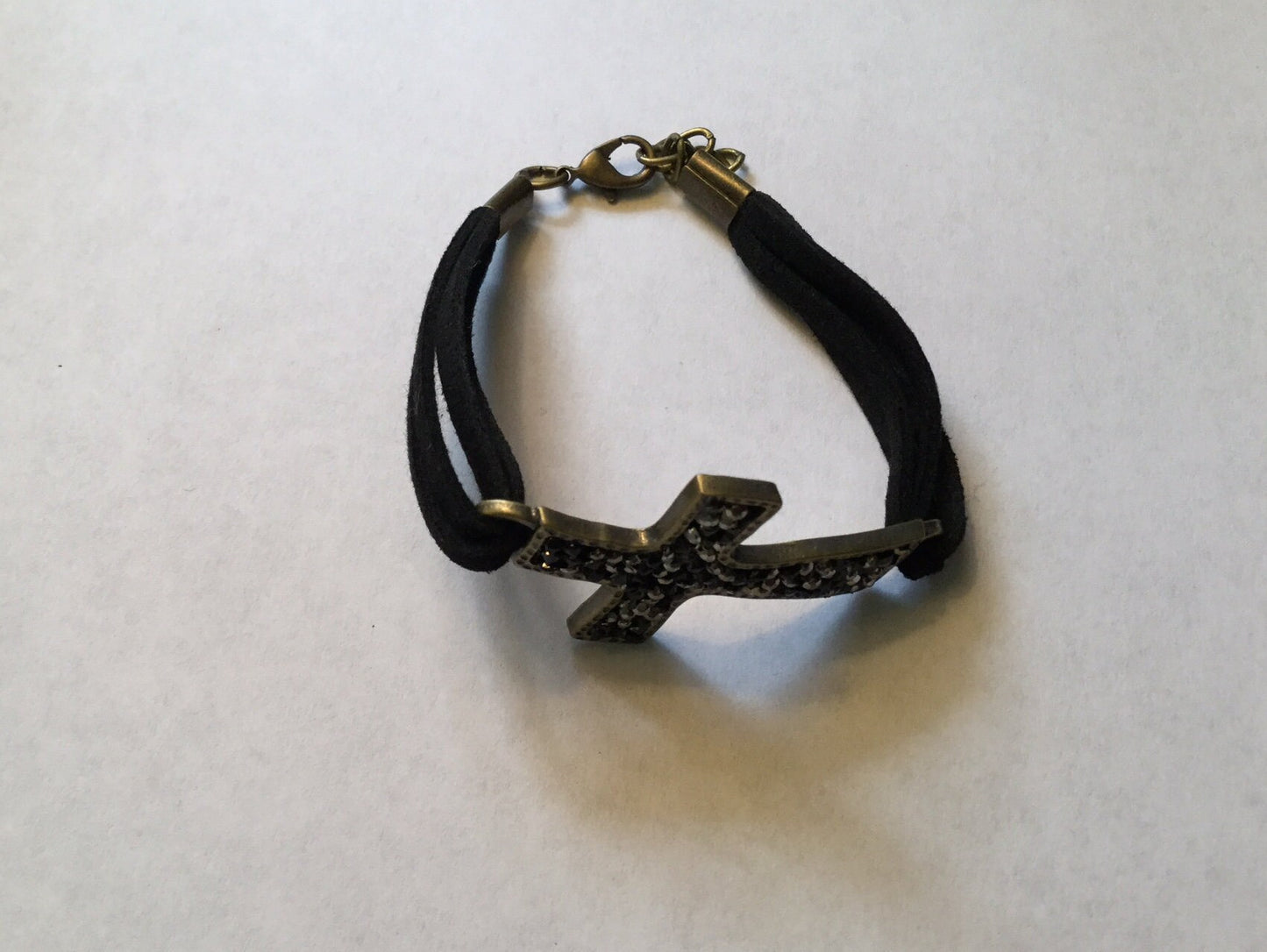 Cross, Black Stones, Black Suede Metal Inspirational Bracelet.