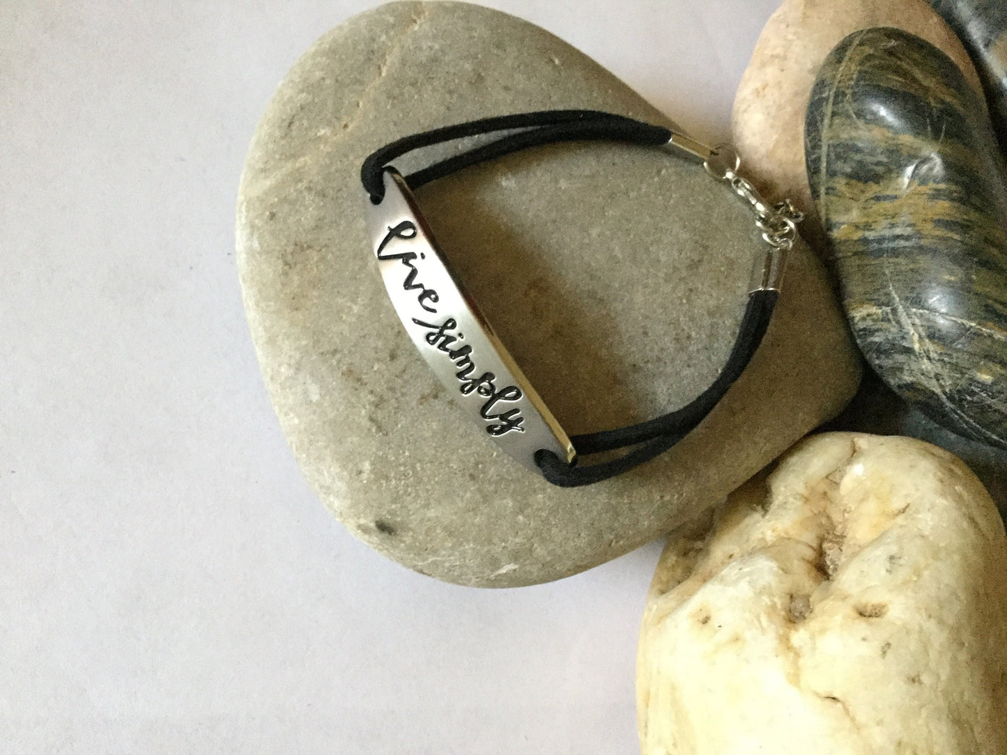 Live Simply, Black Suede Metal Inspirational Quote Bracelet.