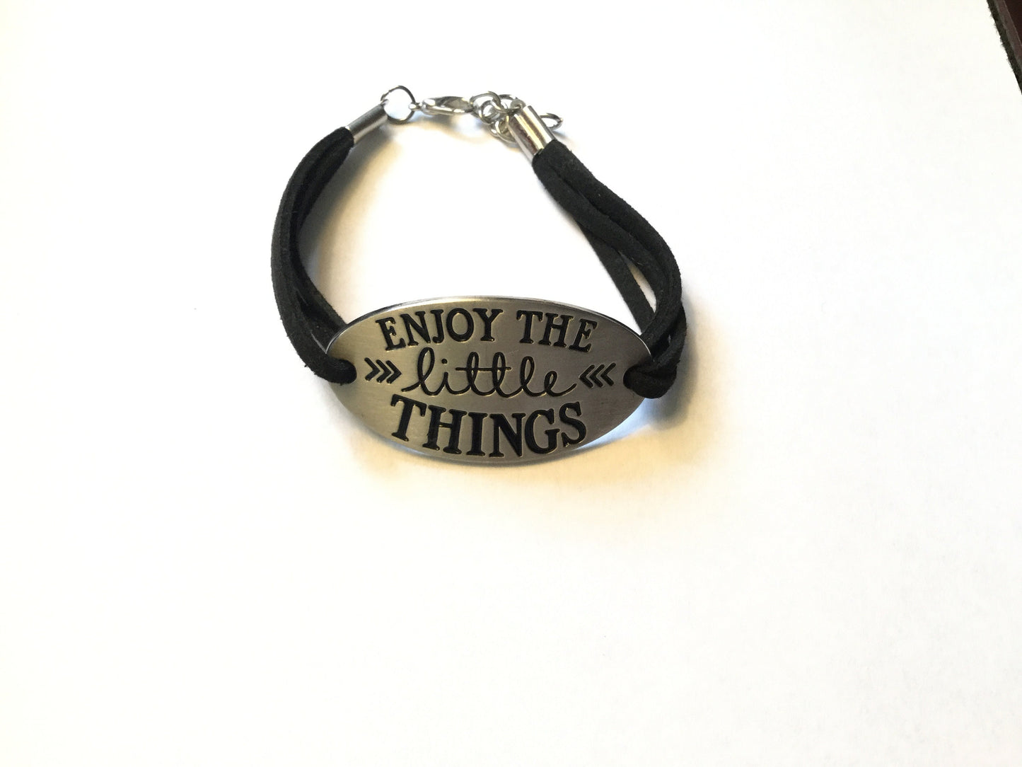 Enjoy The Little Things, Black Suede Metal Inspirational Bracelet.