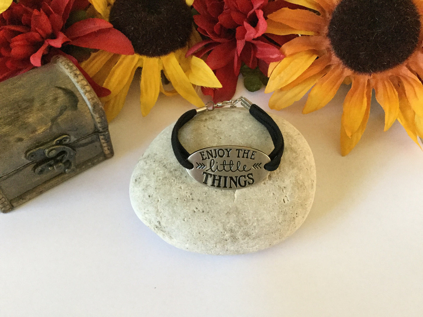 Enjoy The Little Things, Black Suede Metal Inspirational Bracelet.