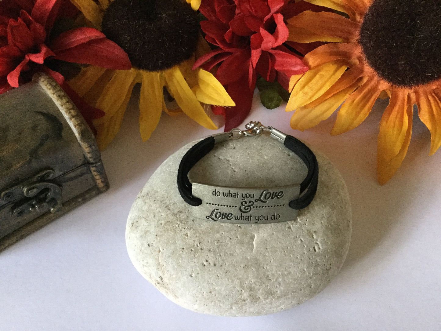 Do What a you Love & Love What You Do, Blk Suede Metal Inspirational Quoted Bracelet.