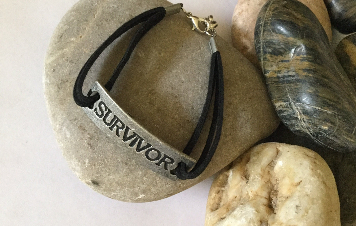 Survivor, Blk Suede Metal Inspirational Quoted Bracelet.