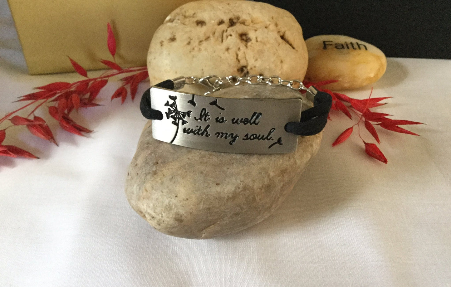 It Is Well With My Soul, Black Suede Metal Quoted Inspirational Bracelet.