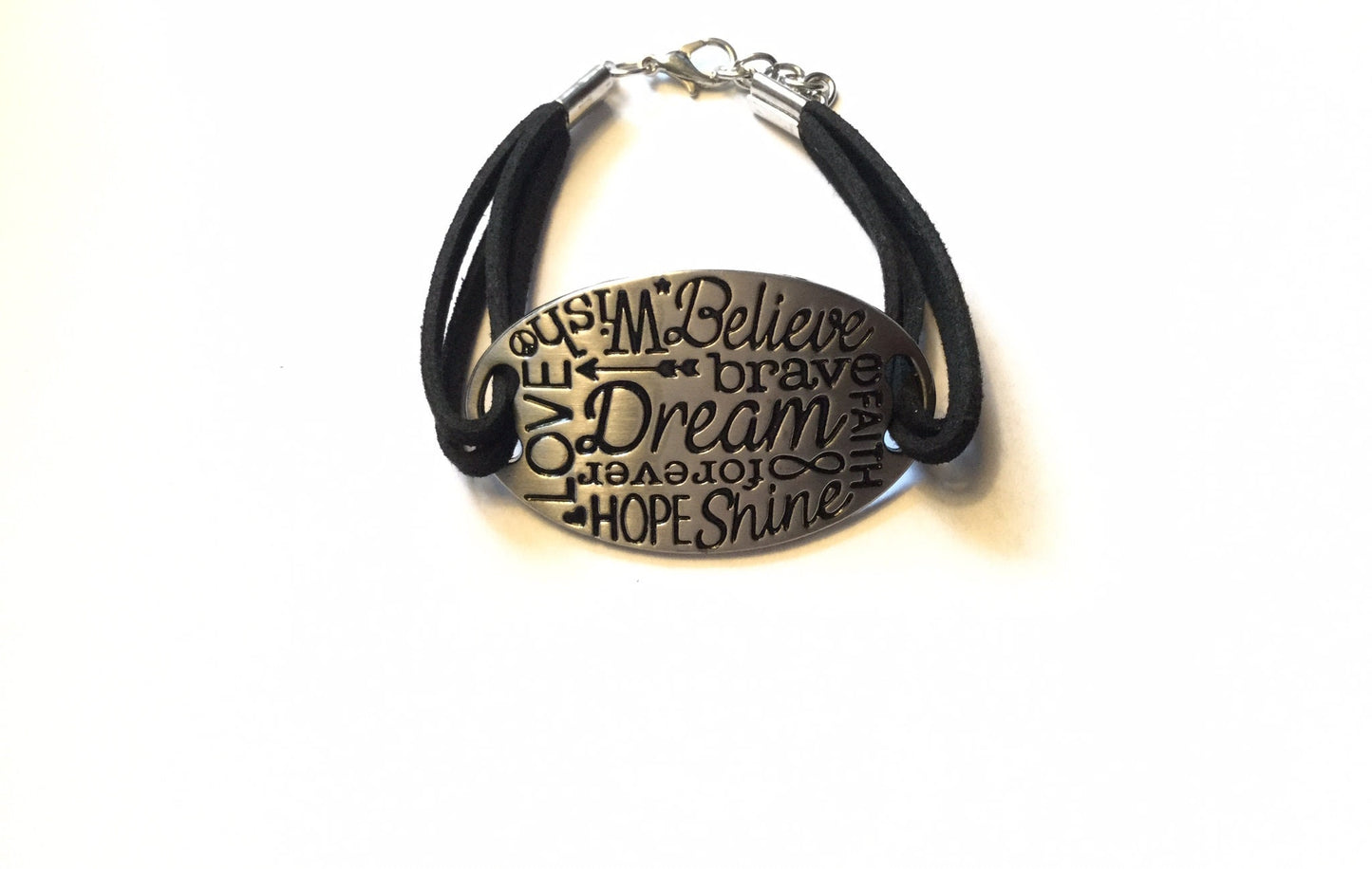 Inspired Words, Black Suede Metal Inspirational Quoted Bracelet.