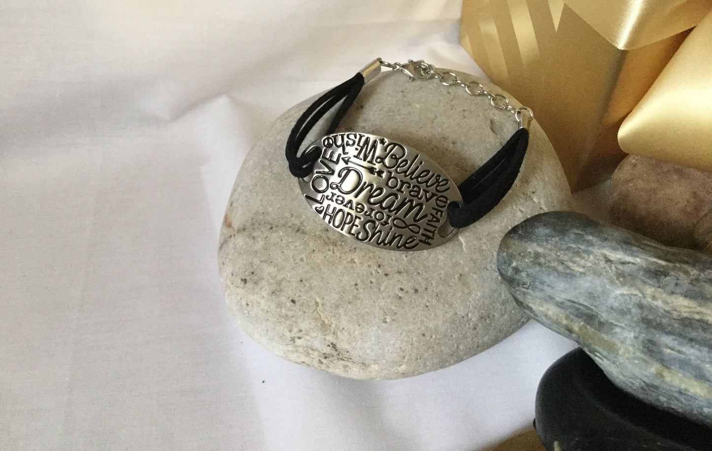 Inspired Words, Black Suede Metal Inspirational Quoted Bracelet.