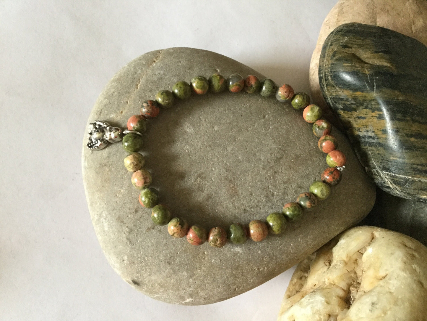 Green Unakite w/ Buddha, Healing Bracelet.