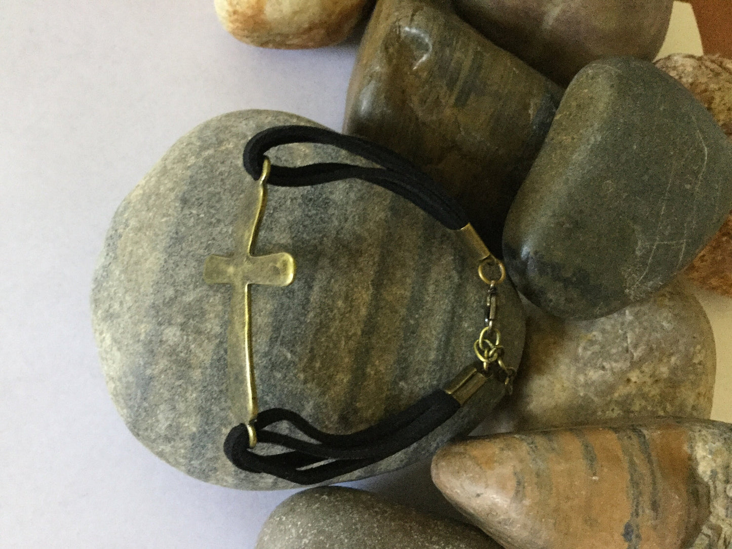 Cross, Black Suede Corded Metal Inspirational Quoted Bracelet