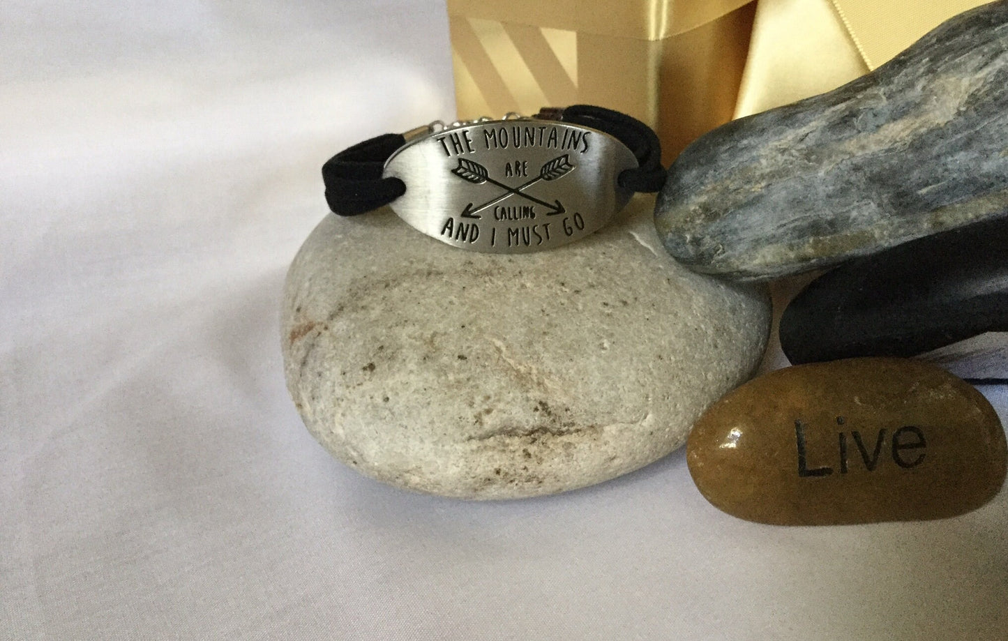 The Mountains Are Calling & I Must Go, Black Suede Inspirational Quoted Bracelet.