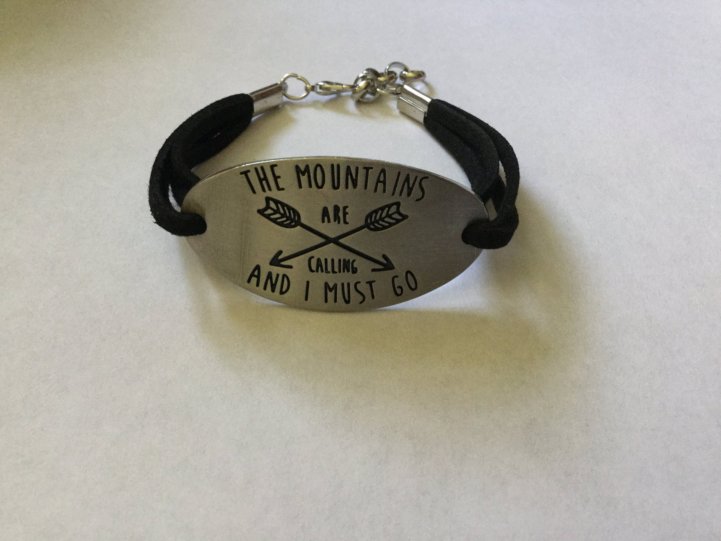 The Mountains Are Calling & I Must Go, Black Suede Inspirational Quoted Bracelet.