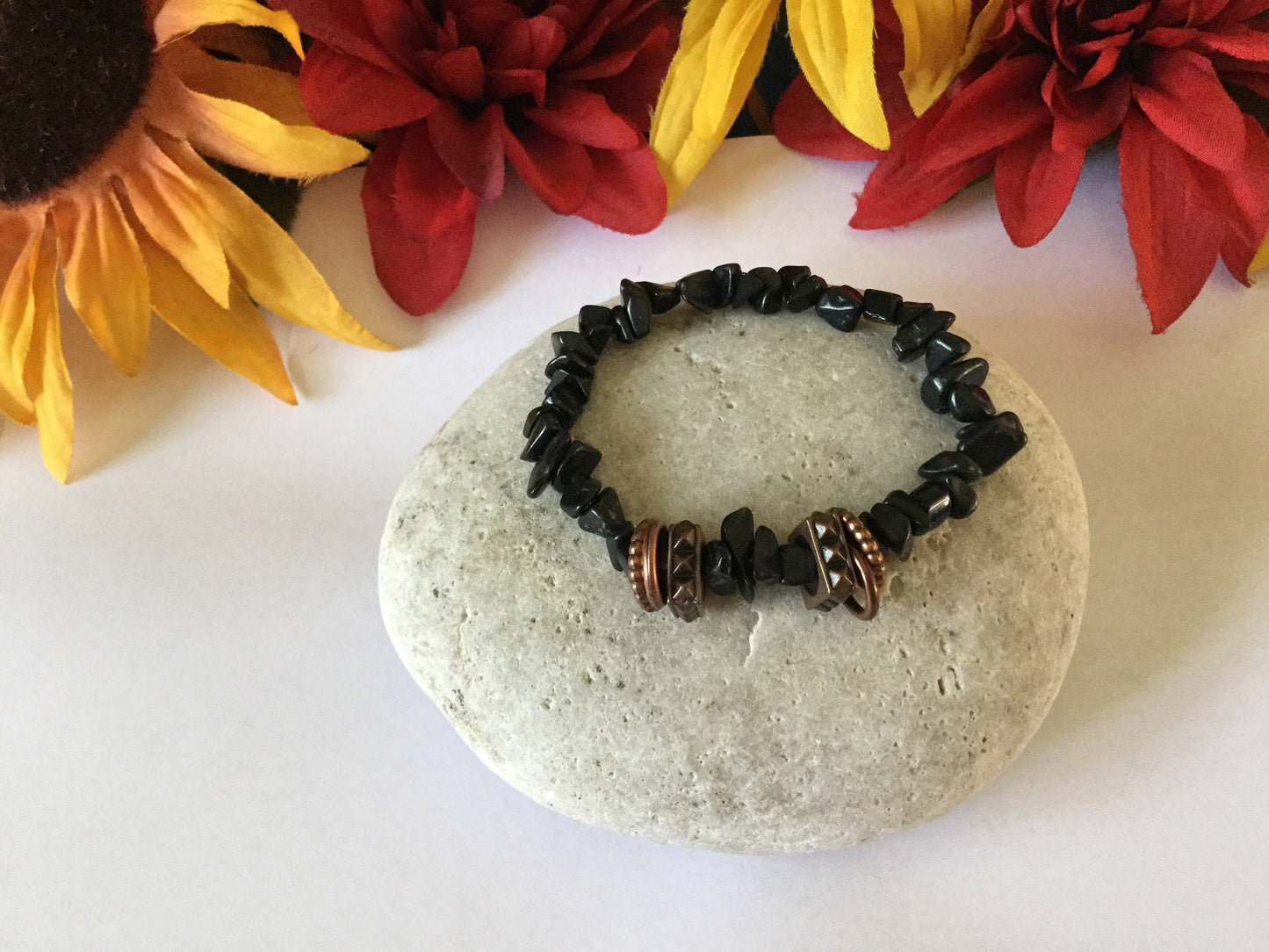 Black Obsidian Chip Stones w/Plated Copper Rings, Healing Bracelet.