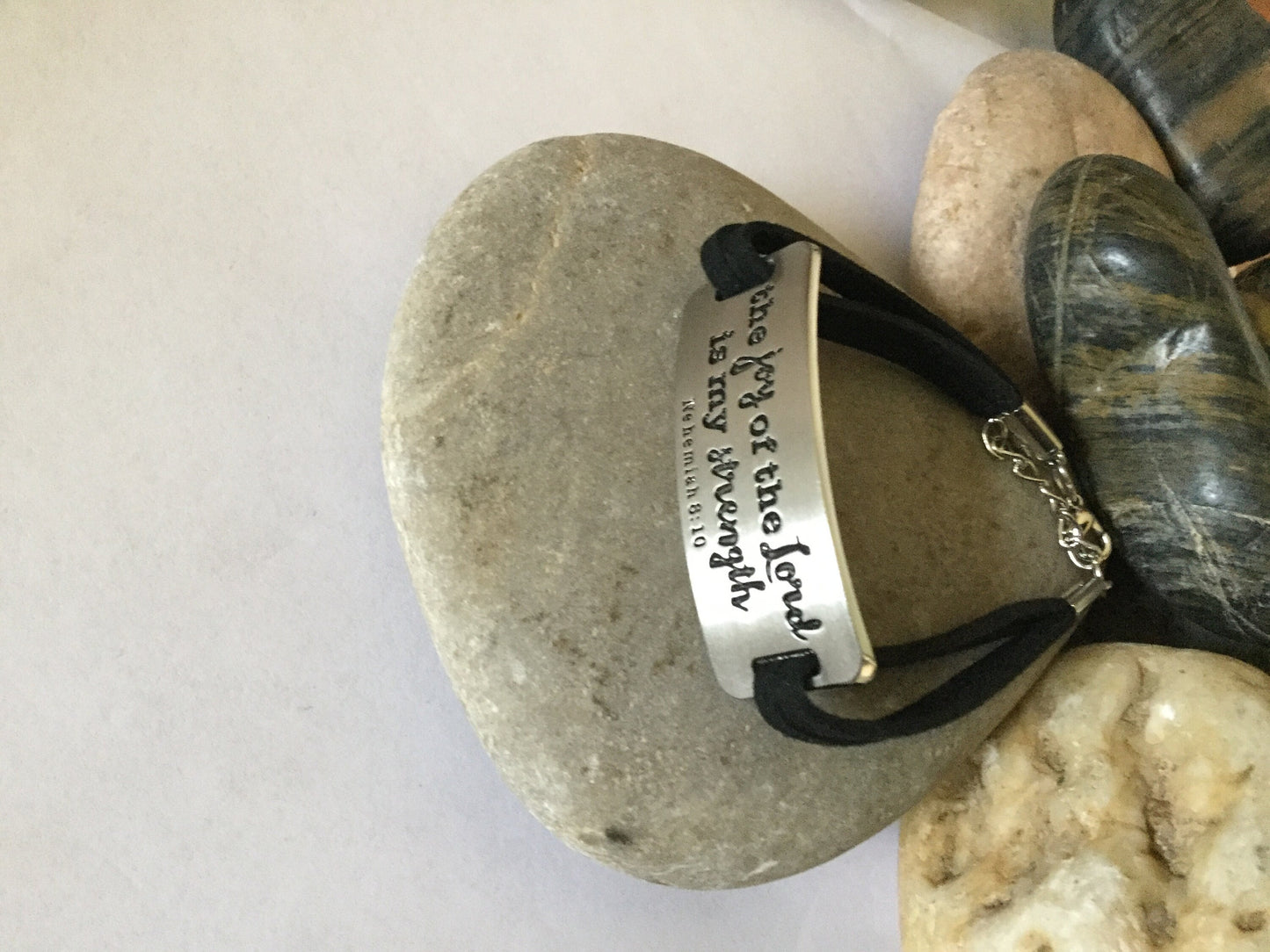 The Joy Of The Lord Is My Strength, Black Suede Metal Bracelet.