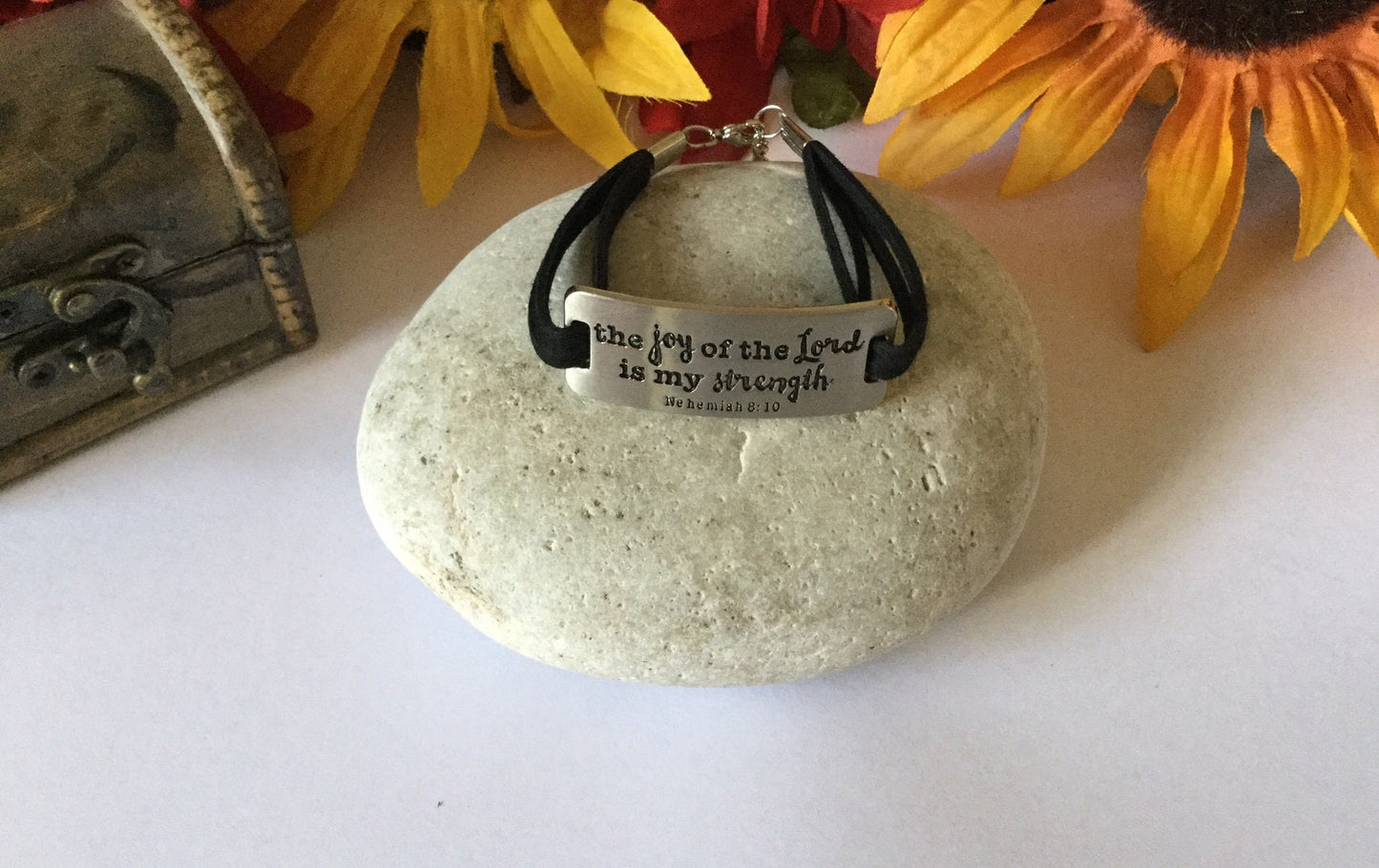 The Joy Of The Lord Is My Strength, Black Suede Metal Bracelet.