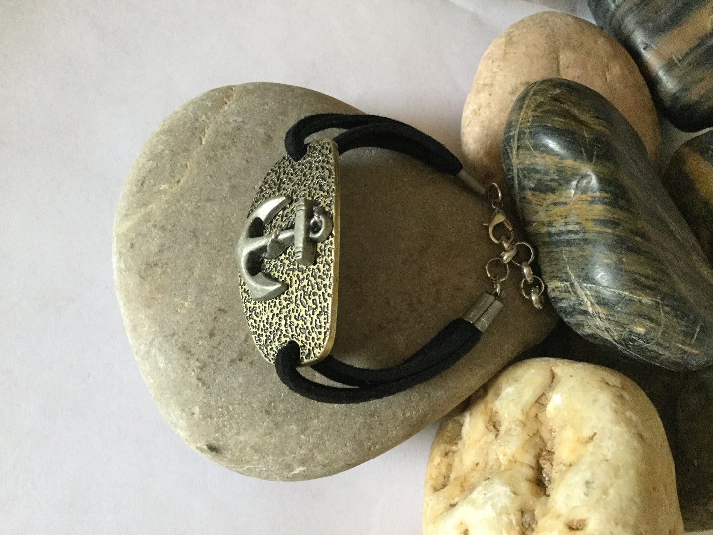 Anchor Metal, Black Suede Metal Inspirational Bracelet.