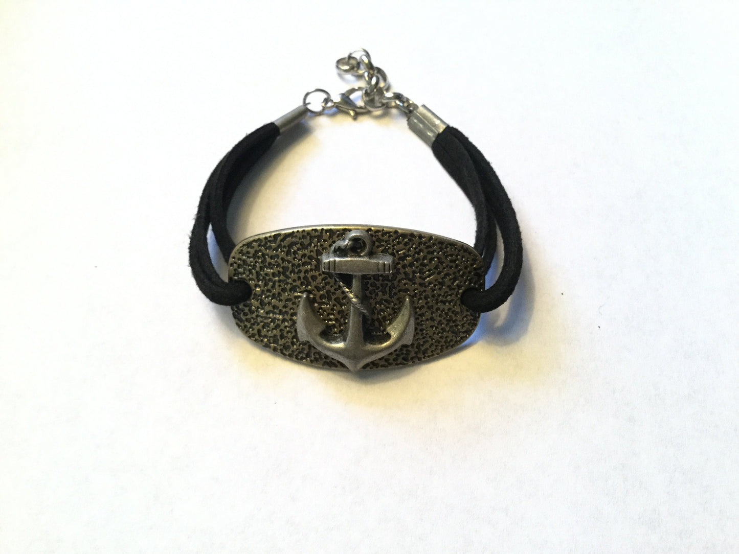 Anchor Metal, Black Suede Metal Inspirational Bracelet.