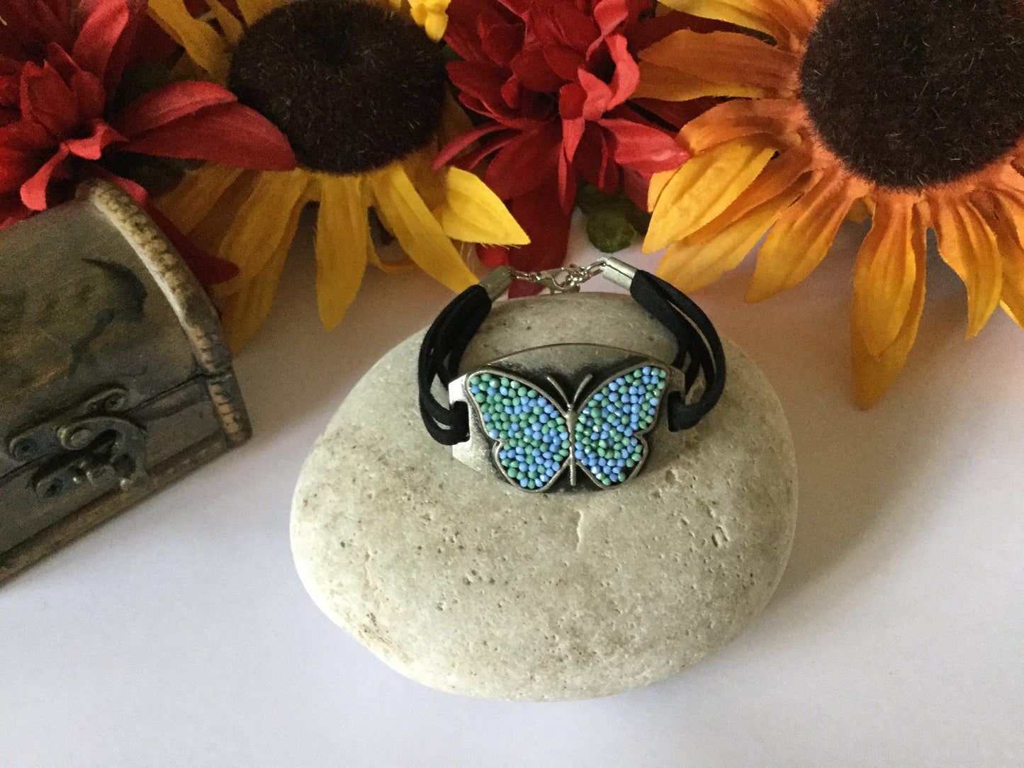 Butterfly , Black Suede Metal Inspirational Quoted Bracelet