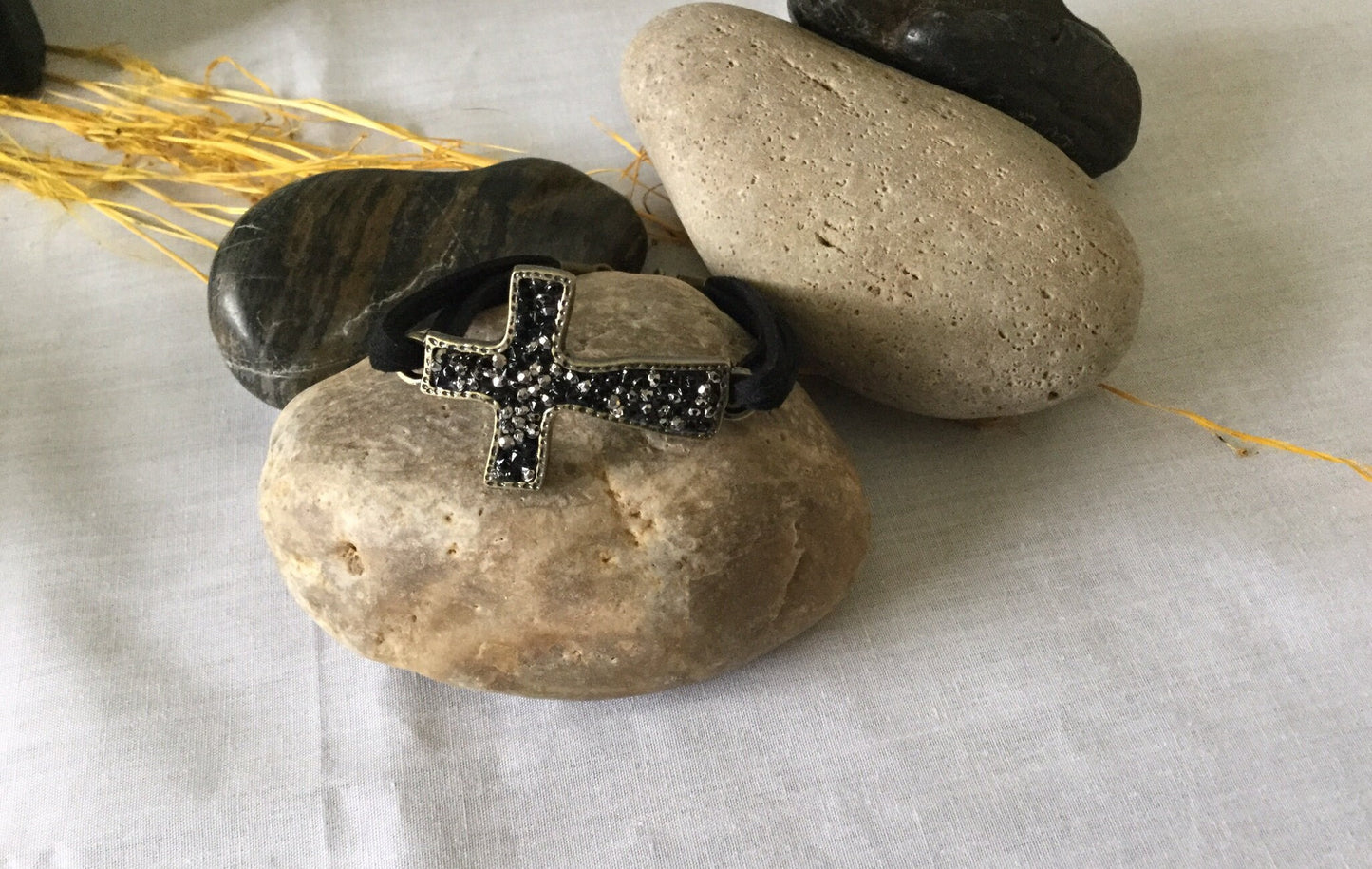 Cross, Black Stones, Black Suede Metal Inspirational Bracelet.