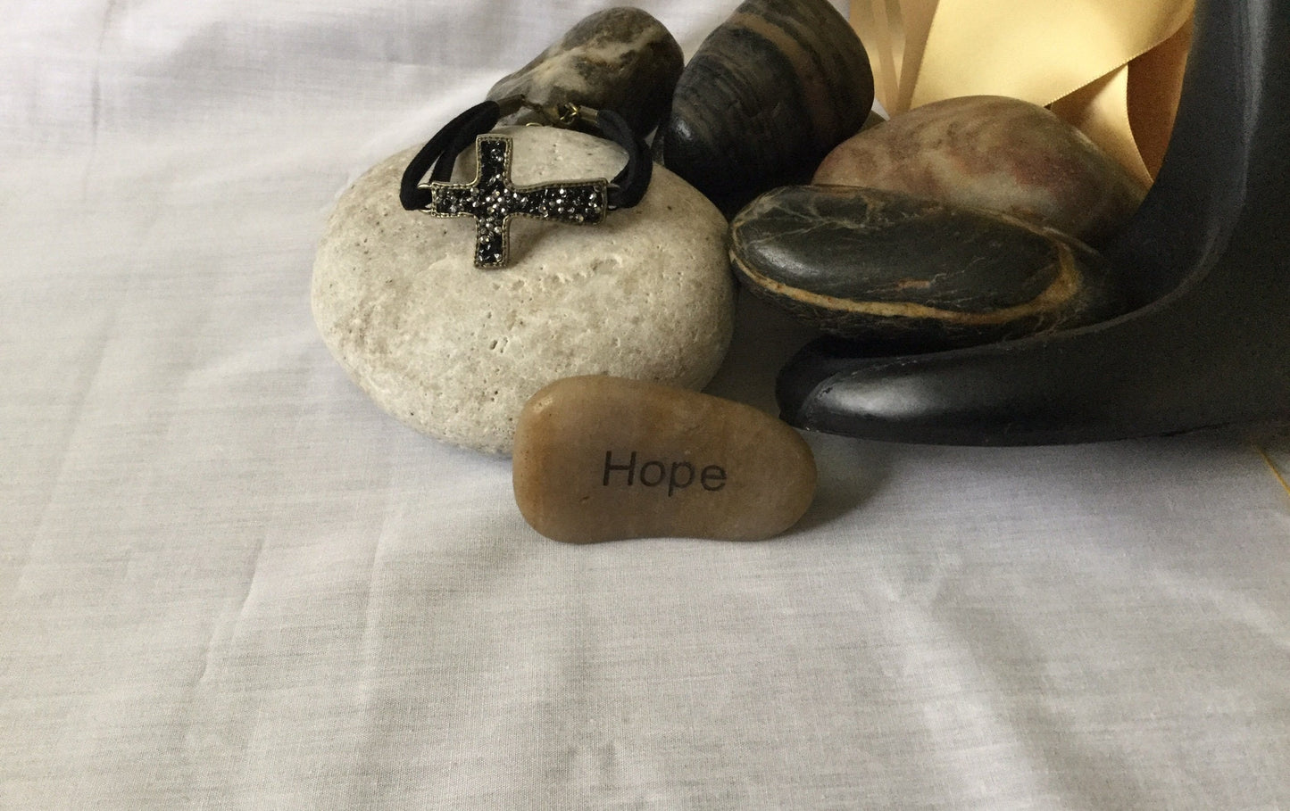 Cross, Black Stones, Black Suede Metal Inspirational Bracelet.