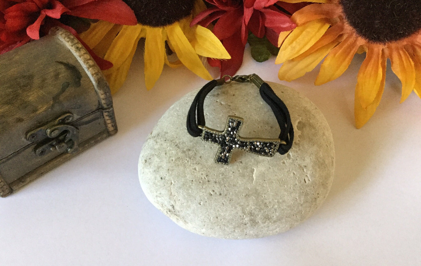 Cross, Black Stones, Black Suede Metal Inspirational Bracelet.