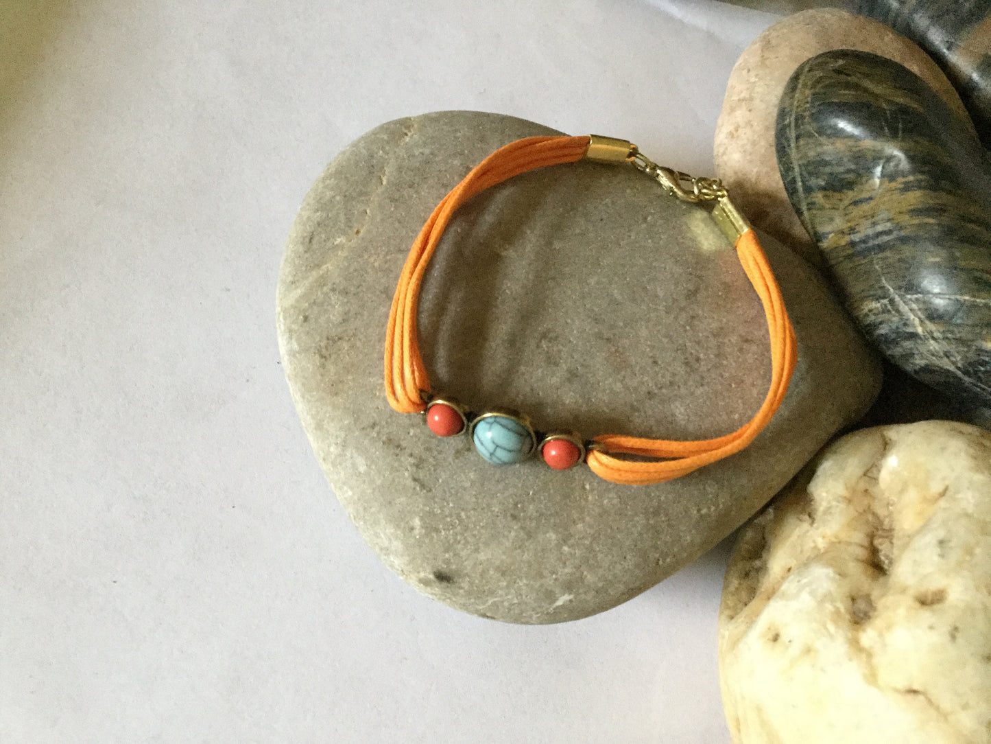 Triple Cabochon, Orange Hemp, Metal Inspirational Quoted Bracelet.