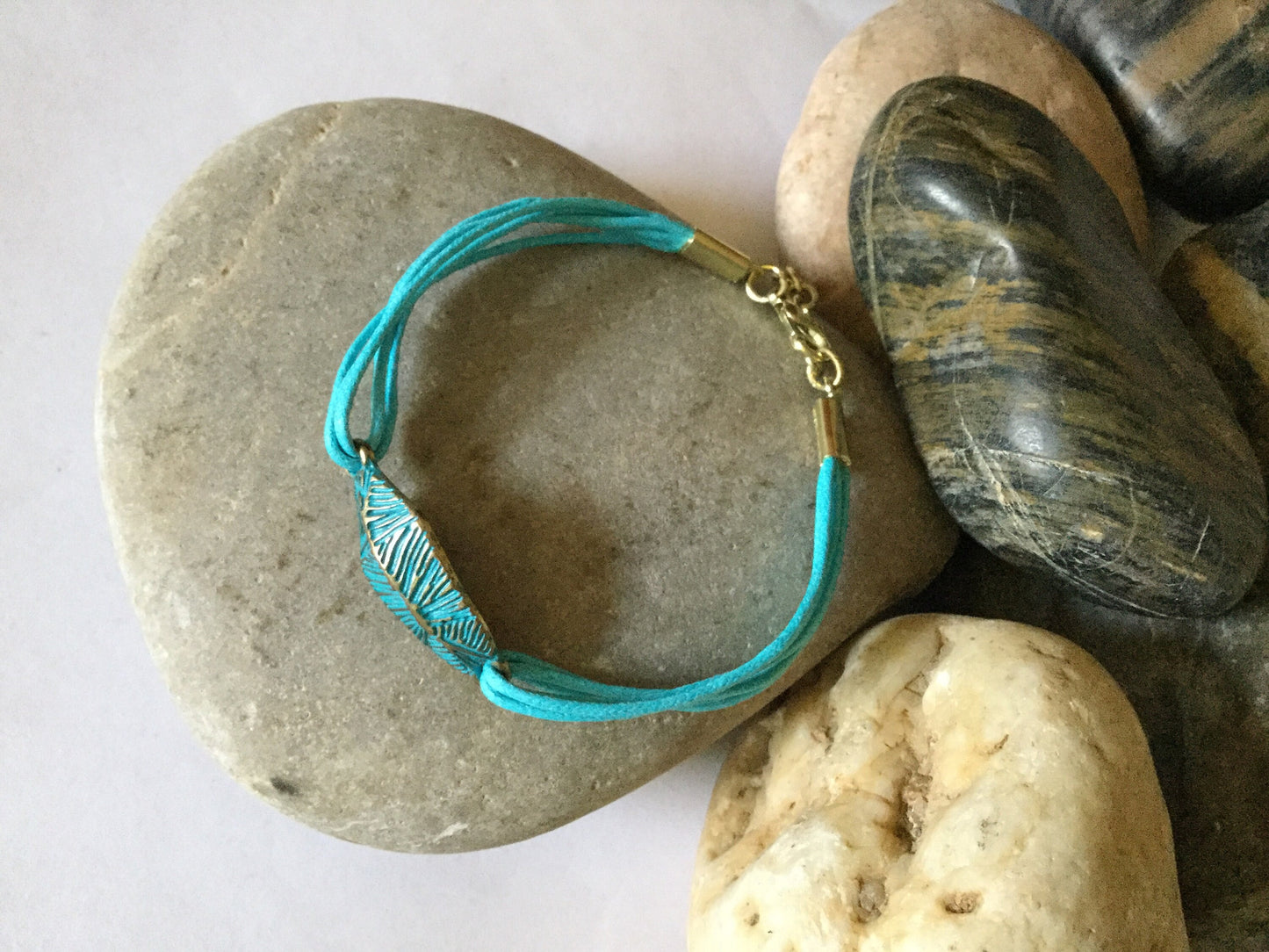 Leaf Turquoise, Turquoise Hemp Metal Inspirational Bracelet.