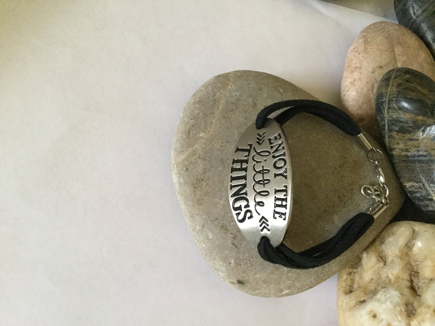 Enjoy The Little Things, Black Suede Metal Inspirational Bracelet.