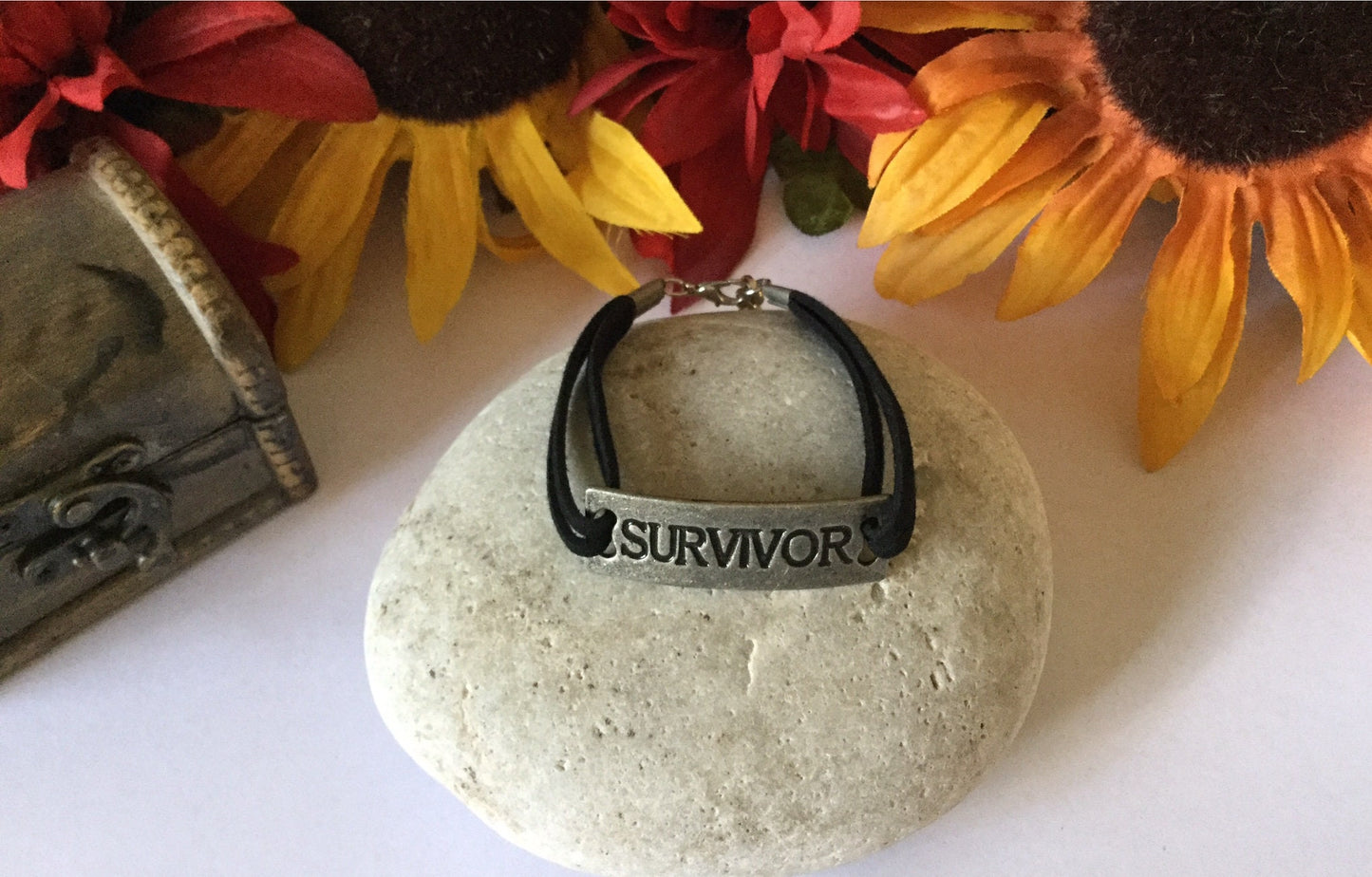 Survivor, Blk Suede Metal Inspirational Quoted Bracelet.