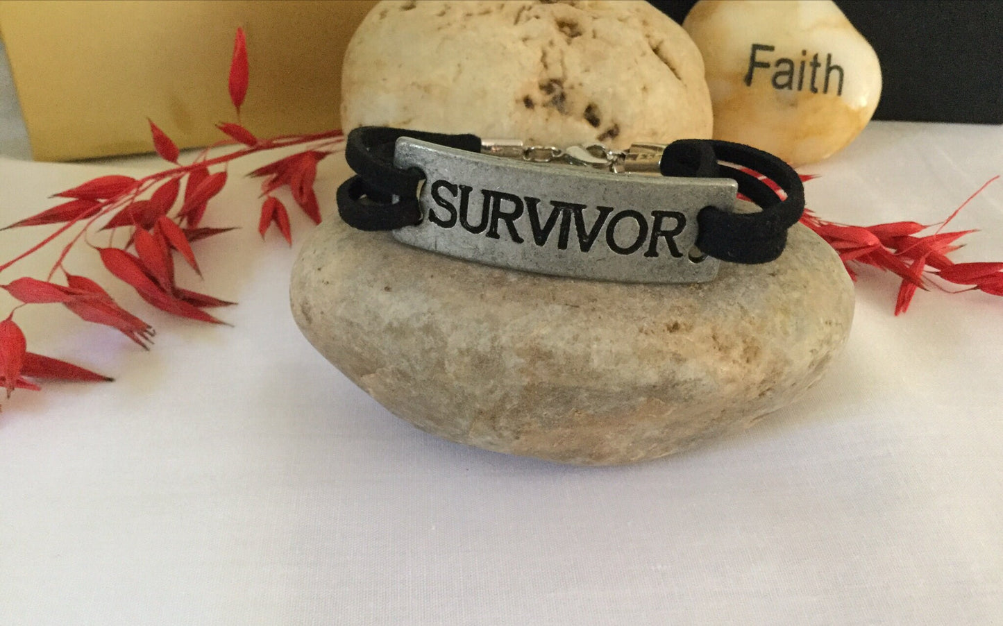 Survivor, Blk Suede Metal Inspirational Quoted Bracelet.