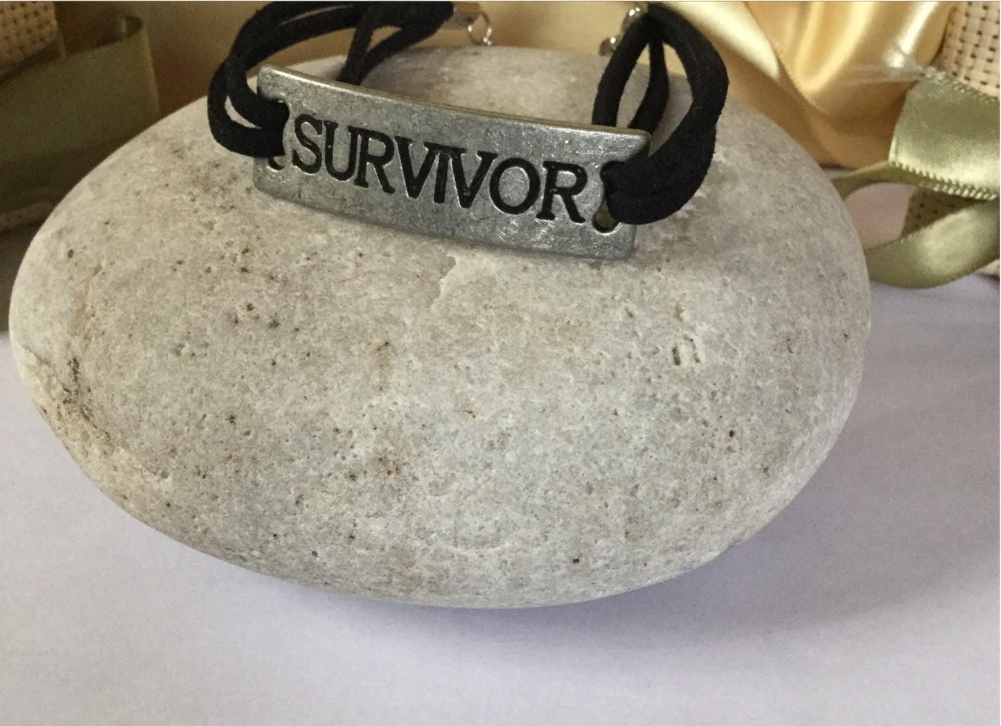 Survivor, Blk Suede Metal Inspirational Quoted Bracelet.