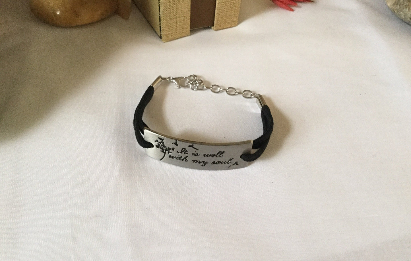 It Is Well With My Soul, Black Suede Metal Quoted Inspirational Bracelet.