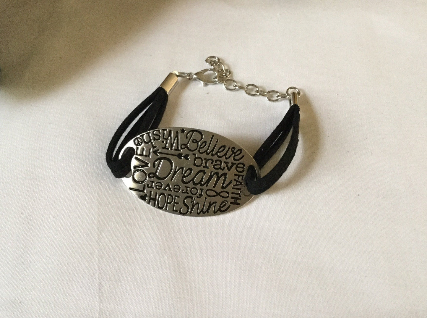 Inspired Words, Black Suede Metal Inspirational Quoted Bracelet.