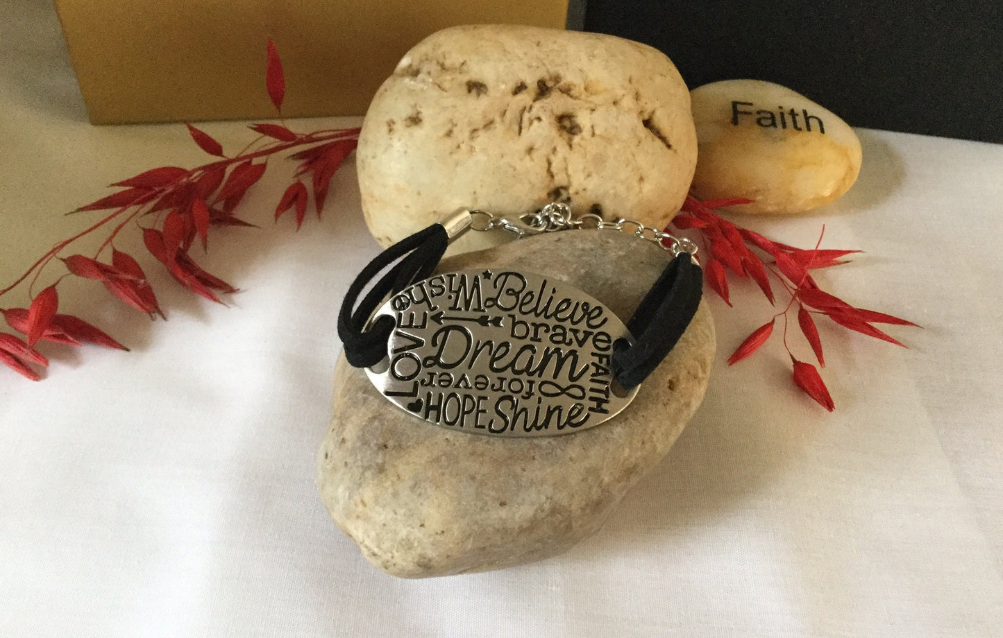 Inspired Words, Black Suede Metal Inspirational Quoted Bracelet.