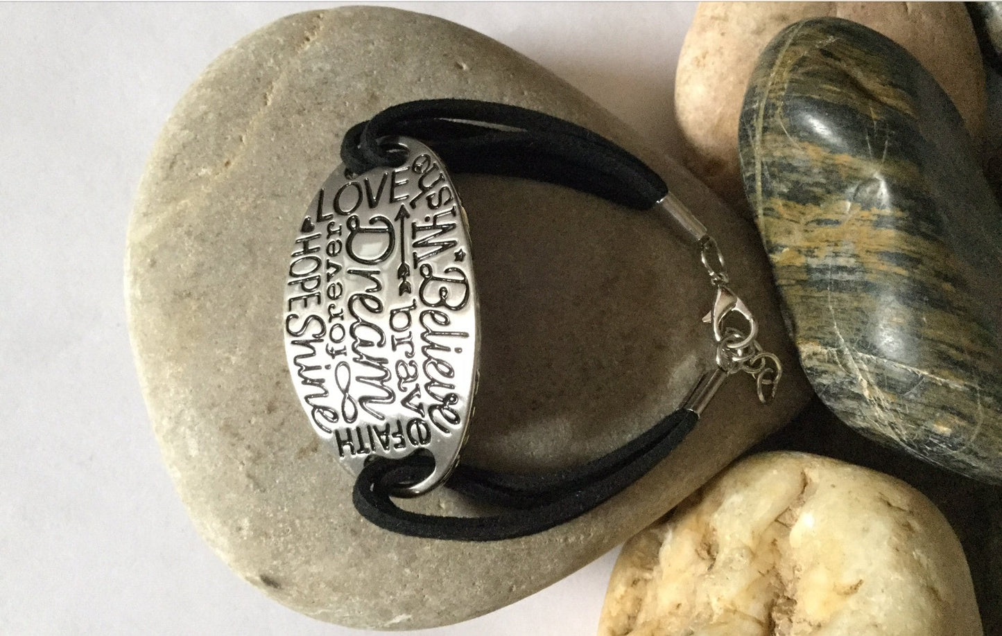 Inspired Words, Black Suede Metal Inspirational Quoted Bracelet.