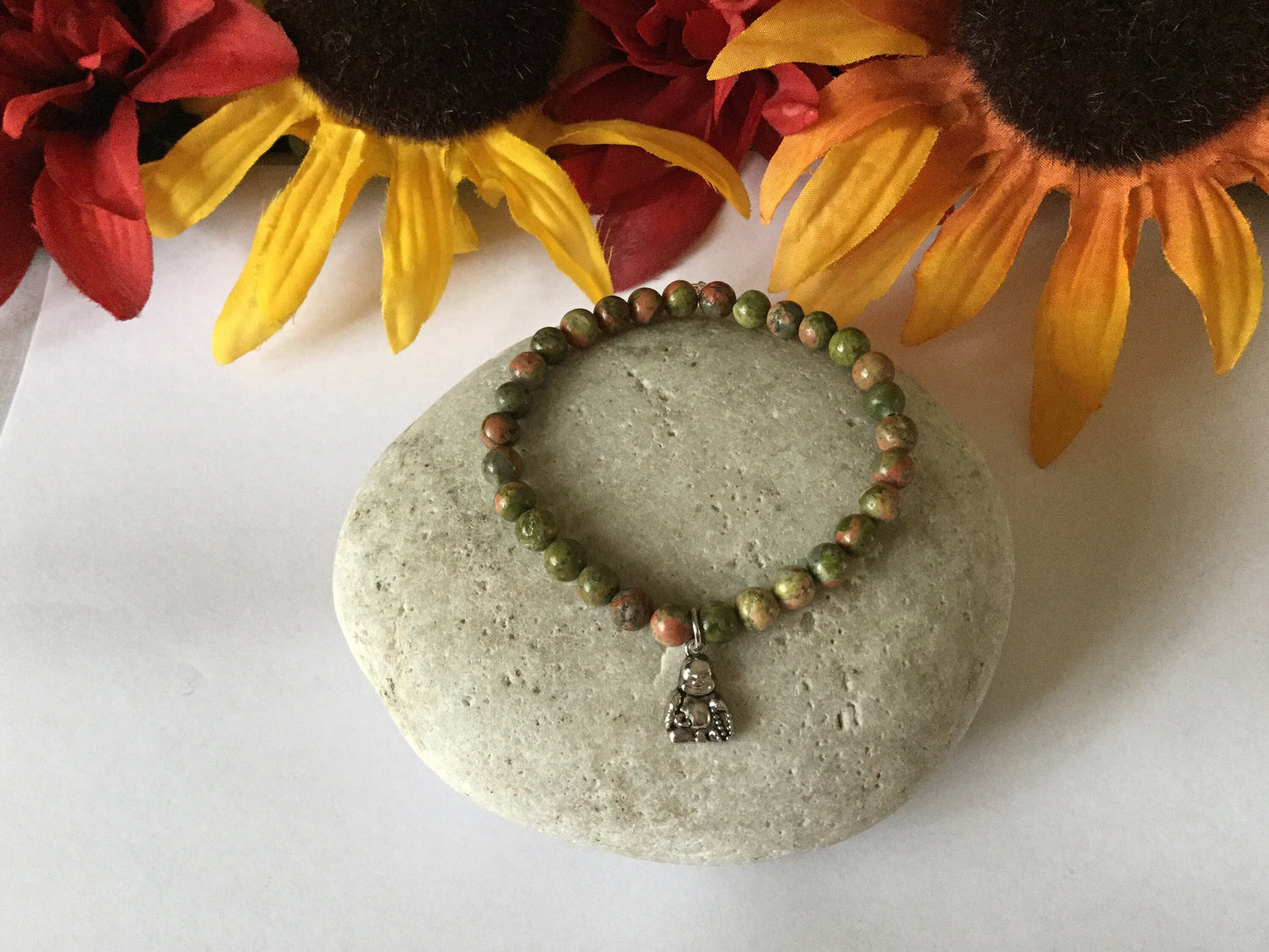 Green Unakite w/ Buddha, Healing Bracelet.