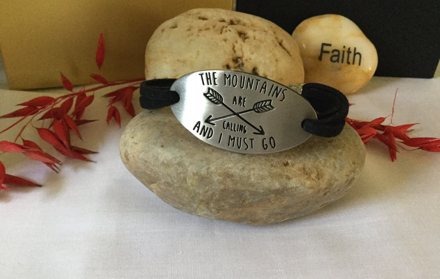 The Mountains Are Calling & I Must Go, Black Suede Inspirational Quoted Bracelet.