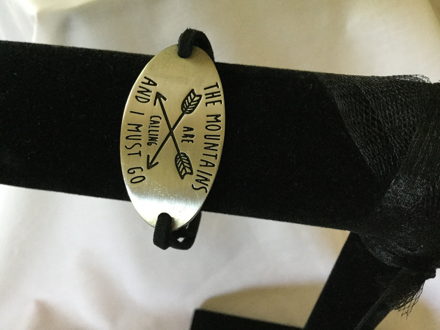 The Mountains Are Calling & I Must Go, Black Suede Inspirational Quoted Bracelet.