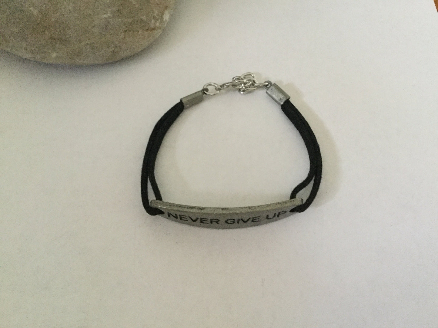 Never Give Up, Black Suede Metal Inspirational Quoted Bracelet.